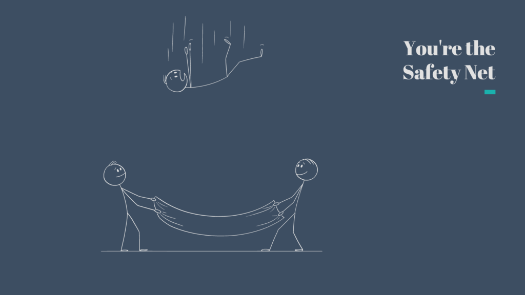 An image of stick figures catching a falling person from the sky.